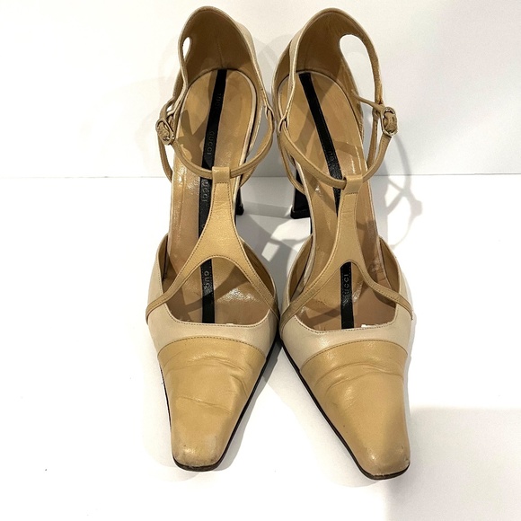 GUCCI Vintage Tan and Cream Leather T-strap High Heel - Size 38 1/2 - Picture 3 of 9